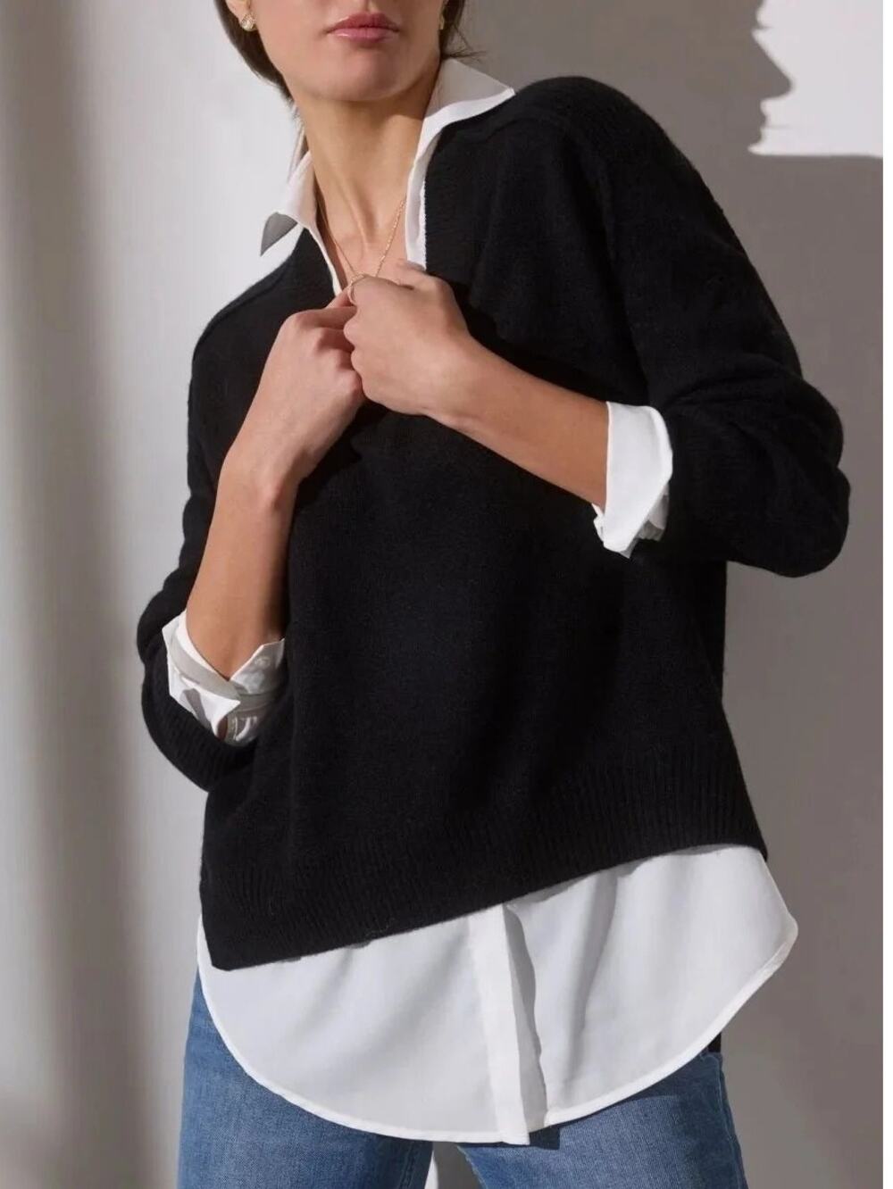 NEW $398 Brochu Walker Black Onyx Wool Cashmere V-Neck Layered Pullover  Size: L